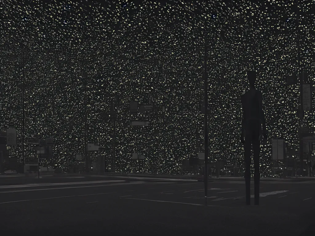 Image similar to mannequin made of starlight, staring into the infinite void of stars + infinite galaxy, traffic lights, flaming city in background, award winning, rule of thirds, introspective, moody, clean linework, photorealistic, volumetric lighting, octane render,