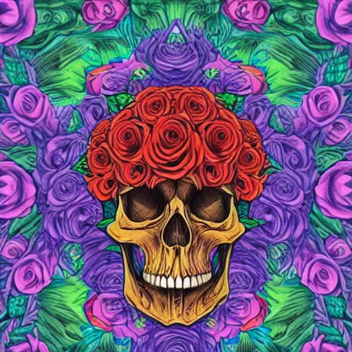 Prompt: large skull surrounded by vivid colorful roses, Jen Bartel, Dan Mumford, Satoshi Kon, gouache illustration