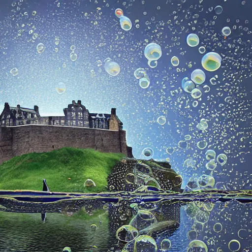 Image similar to Edinburgh Castle rendered as if deep underwater, bubbles in the water