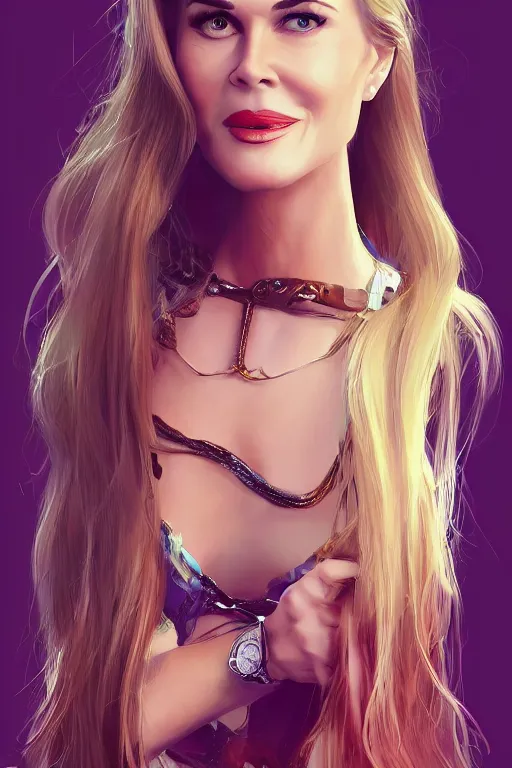 Image similar to mix of beautiful young maria shriver, mariel hemmingway, brooke shields, nicole kidman and elle macpherson as a snake girl with fangs, thin lips, hair tied up in a pony tail, dark blonde hair, colorful, artstation, cgsociety