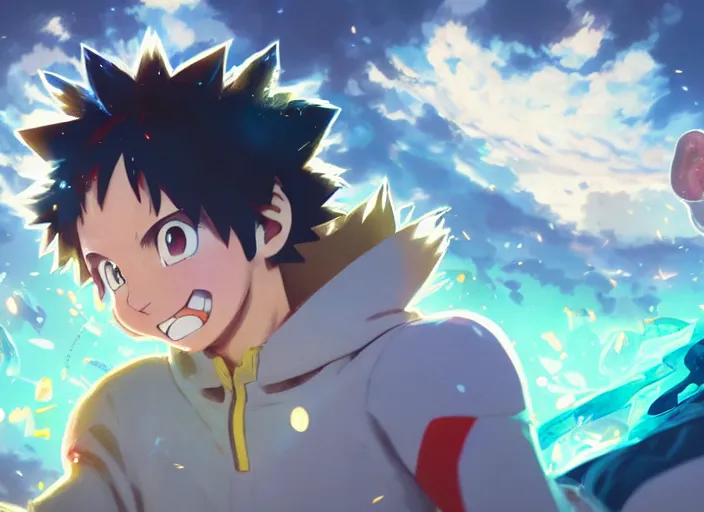 Image similar to highly detailed portrait of a pokemon, in my hero academia, stephen bliss, 8 k, unreal engine, fantasy art by greg rutkowski, loish, rhads, ferdinand knab, makoto shinkai and lois van baarle, ilya kuvshinov, rossdraws, tom bagshaw, global illumination, radiant light, detailed and intricate environment