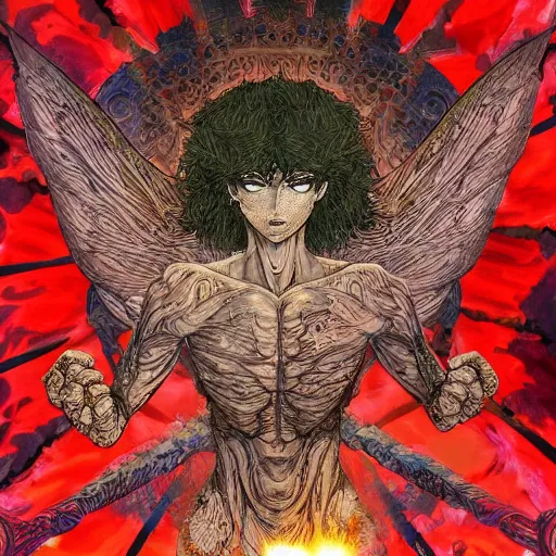 Image similar to 4K headshot portrait of godlike Astronomer with defined arms and open hands and bloody clothes with giant mandala wings , intricate face , flawless anime cel animation by Kentaro Miura, psychedelic , highly detailed upper body , professionally post-processed , beautiful, scary, symmetry accurate features, epic, octane rendered, anime masterpiece, accurate by Craig Mullins, ilya kuvshinov, krenz cushart, epic , artgerm trending on artstation by Edward Hopper and Dan Mumford and WLOP and Rutkovsky, beksinski carl spitzweg moebius and tuomas kocar, intricate artwork by caravaggio, Unreal Engine 5, Lumen, Nanite