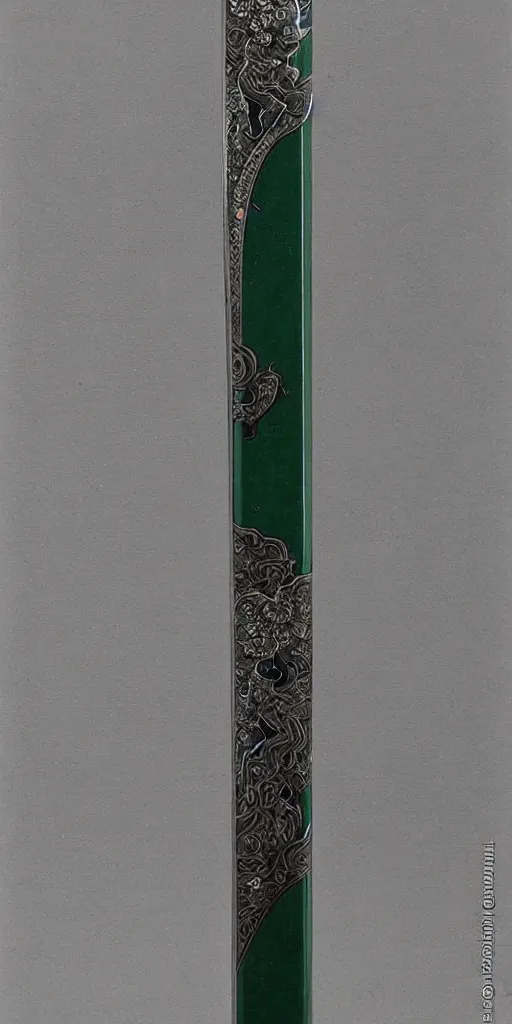 Prompt: a katana in the style of zdzisław beksinski, elegant, silver and emerald inlay, flower motif, deadly weapon
