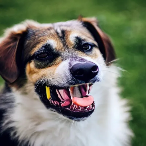 Prompt: dog with big human teeth smiling