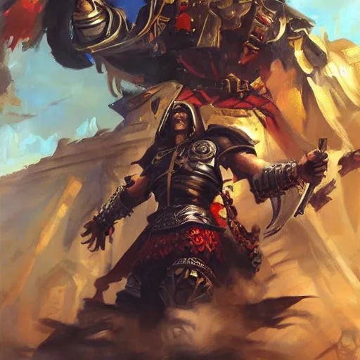 Image similar to greg manchess portrait of battle of horus lupercal and emperor of mankind, epic grimdark, fantasy, medium shot, asymmetrical, profile picture, organic painting, sunny day, matte painting, bold shapes, hard edges, street art, trending on artstation, by huang guangjian and gil elvgren and sachin teng