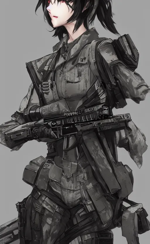 Image similar to highly detailed, high resolution, character design art, stunning, volumetric lightning, realistic guns, girls frontline style, matte, sharp focus, intricate, 150mm, illustration, artstation, by yusuke kozaki, realistic human anatomy, simple design, realistic military gear, metal gear style