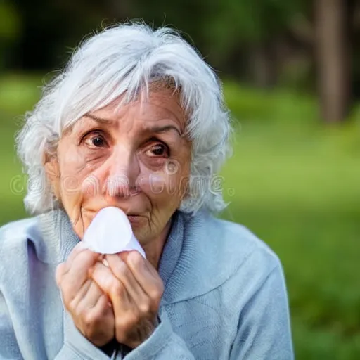 Image similar to an older woman sitting in a park wearing a thin translucent oxygen line under her nose, 4 k, stock photo