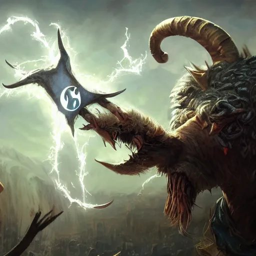 Image similar to Anthropomorphized Sheep casting epic spell, magic the gathering artwork, D&D, fantasy, cinematic lighting, centered, symmetrical, highly detailed, digital painting, artstation, concept art, smooth, sharp focus, illustration, volumetric lighting, epic Composition, 8k, art by Akihiko Yoshida and Greg Rutkowski and Craig Mullins, heroic pose, oil painting, cgsociety, magic lab background