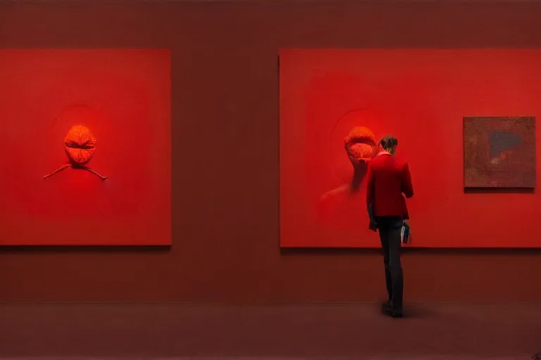 Image similar to only with red, red scammers and art thieves with disney masks, in a museum contemporary art, in the style of beksinski, parts by edward hopper, parts by rodcenko, parts by yue minjun, intricate and epic composition, red by caravaggio, insanely quality, highly detailed, masterpiece, red light, artstation, 4 k