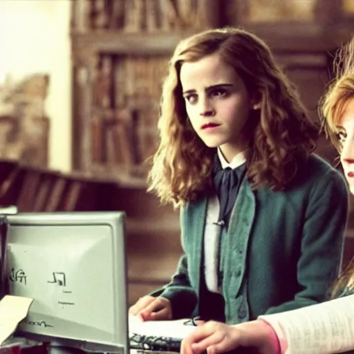 Image similar to Photo of Emma Watson as Hermione Granger using a computer next to Professor McGonagall in Hogwarts