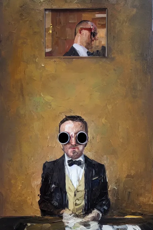 Image similar to palette knife oil painting portrait of graham, a fellow in a three - piece suit and monocle, peering over from his heavy, lacquered oak reception desk, extreme detail, artstation trending, artgerm, any racial background, deviant art, octane, substance, art history 8 k