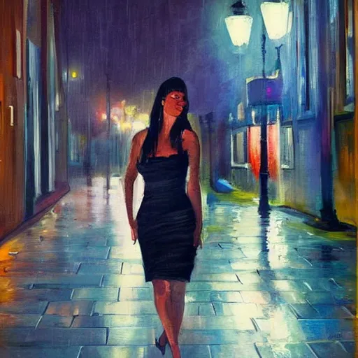 Image similar to wide angle painting of a beautiful woman in a drizzly night city street scene. beautiful use of light and shadow to create a sense of depth and movement. uses a limited color palette, providing a distinctive look.