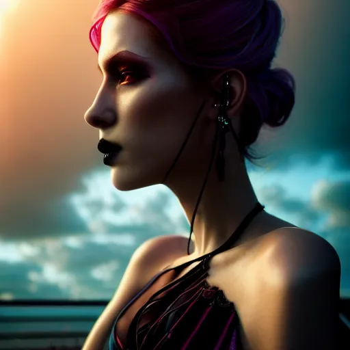 Prompt: photographic portrait of a stunningly beautiful gothic cyberpunk female in soft dreamy light at sunset, god rays, contemporary fashion shoot, by edward robert hughes, annie leibovitz and steve mccurry, david lazar, jimmy nelsson, breathtaking, 8 k resolution, extremely detailed, beautiful, establishing shot, artistic, hyperrealistic, beautiful face, octane render