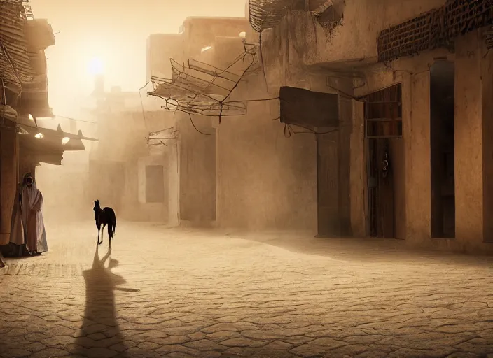 Image similar to old jeddah city alley, roshan, old shops, horse, magical glowing sand gateway to another dimension, a man wearing a white robe standing watching over, fantasy, dramatic lighting, dawn, by caspar david friedrich, unreal engine 5