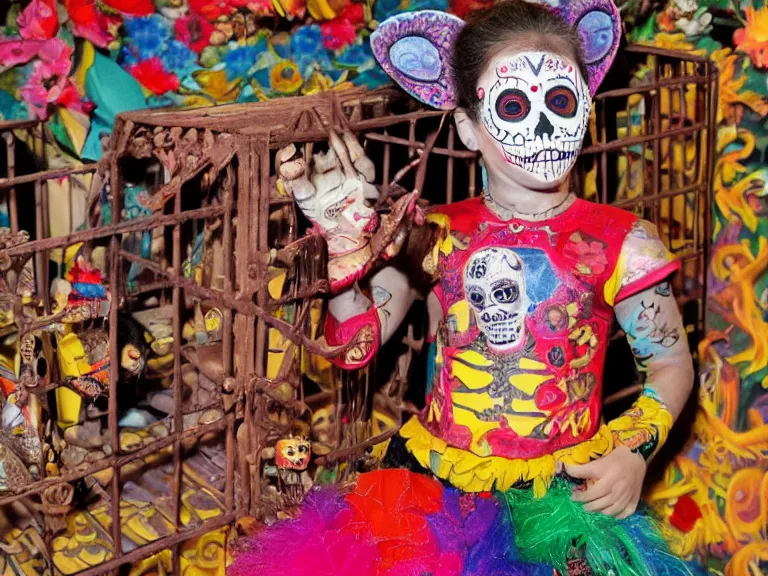 Prompt: A child wearing dia de los muertos face make-up and a luchador costume sits in a cage, during a 1980s laser show, and speaks to her guardian spirit saying, Tolerance will reach such a level that intelligent people will be banned from thinking so as not to offend. Lowbrow, pop surrealism art style, alebrijes aesthetic, contemporary art illustration, photography by Steven Curry, ultra real 8k photography