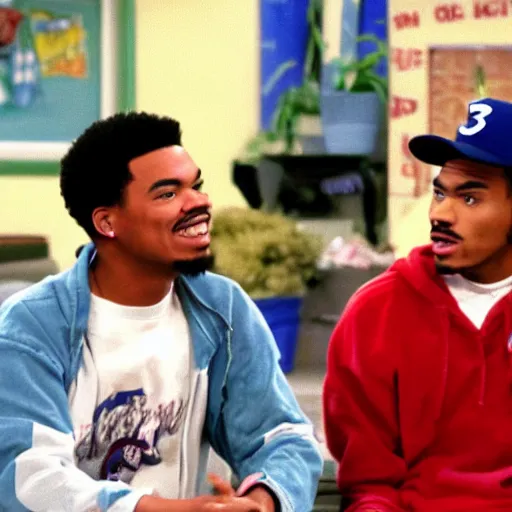 Image similar to a tv still of Chance The Rapper starring as a black college student at Jones College Prep in a 1993 sitcom