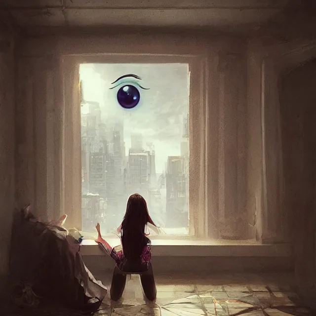 Image similar to window, eye, women, buildings, surprise, scared, couch by wlop, artgerm, greg rutkowski