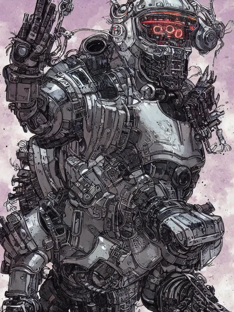 Image similar to portrait of a cybernetic werewolf warrior with white fur and silver fangs wearing black power armor, cyberpunk concept art by josan gonzales and moebius and enki bilal and and dan mumford and