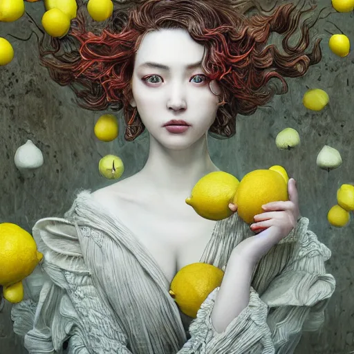 Image similar to the portrait of a sensual lemon that resembles an absurdly beautiful, graceful, elegant, gravure idol, an ultrafine hyperdetailed illustration by kim jung gi, irakli nadar, intricate linework, bright colors, octopath traveler, final fantasy, unreal engine 5 highly rendered, global illumination, radiant light, detailed and intricate environment