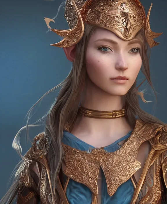 Prompt: a beautiful and highly detailed digital portrait of a regal elf with long blue windswept hair in a rose gold breastplate by artgerm, nina tryggvadottir, and lu ji, centered, artsation contest winner, cgsociety, fantasy art, cryengine, concept art, photorealism, daz 3 d, sketchfab, zbrush, vray