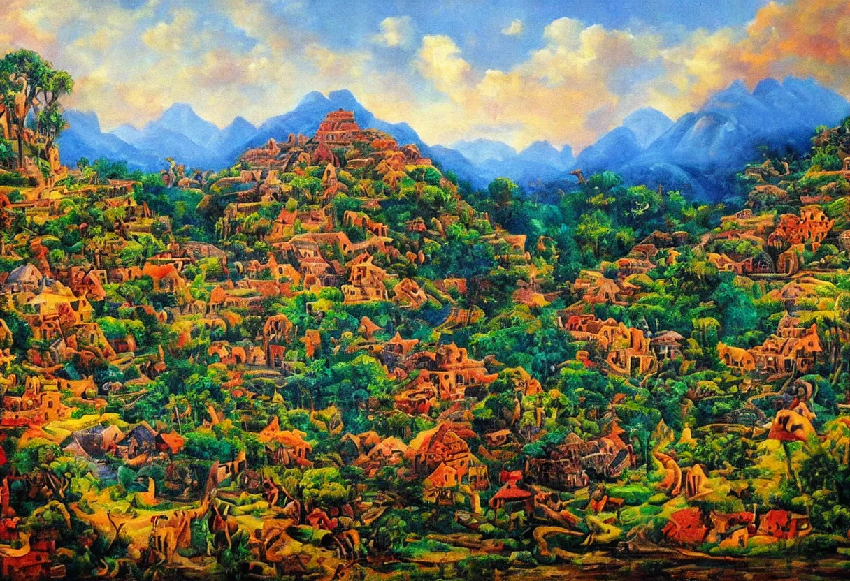 Prompt: aztec village between mountains, jungle, lakes and fields, colorful oil painting