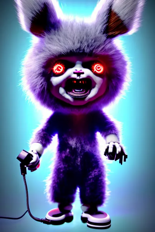 Image similar to high quality 3 d render neo - cyberpunk very cute fluffy! screaming chucky doll!! cyborg with headphones, mechanical paw, highly detailed, unreal engine cinematic smooth, in the style of detective pikachu, hannah yata charlie immer, neon purple light, low angle, uhd 8 k, sharp focus