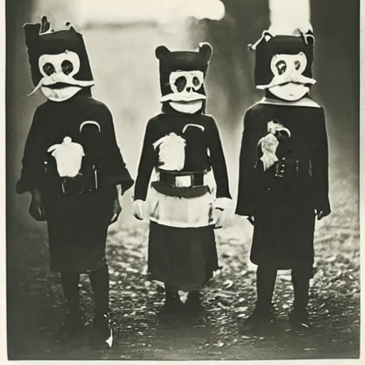 Image similar to portrait of children wearing santa masks, photograph, style of atget, 1 9 1 0, creepy, dark