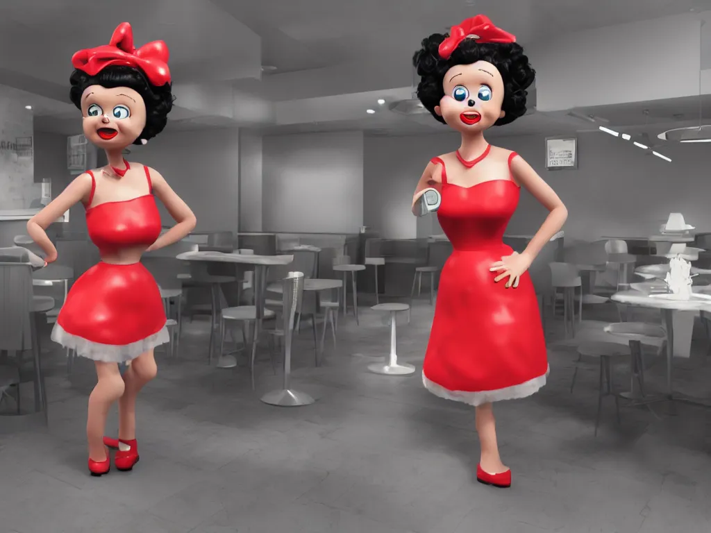 Prompt: anthropomorphic animatronic Betty Boop in Mc Donalds, real hair, dimly lit, liminal space, photorealistic, unrealengine octane 3d render