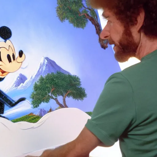 Image similar to a closeup photorealistic photograph of bob ross working on a canvas painting of mickey mouse. film still. brightly lit scene. mountains and trees. this 4 k hd image is trending on artstation, featured on behance, well - rendered, extra crisp, features intricate detail, epic composition and the style of unreal engine.