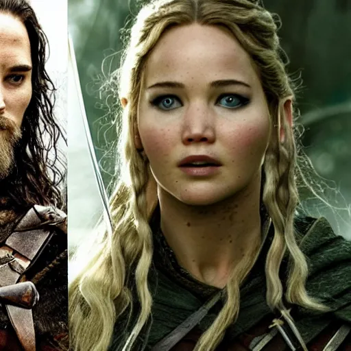 Prompt: first photos of 2 0 2 4 female lotr remake show 3 starts - jennifer lawrence as legolas, megan fox as aragorn and florence pugh as gimli, ( eos 5 ds r, iso 1 0 0, f / 8, 1 / 1 2 5, 8 4 mm, postprocessed, 4 k )