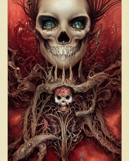 Image similar to perfectly centered portrait front view of a angry dead rotten beautiful female skull growing ornamentation all around, ornate, detailed, symmetrical, elegant, beautifully soft lit, by wayne barlowe, peter mohrbacher, kelly mckernan