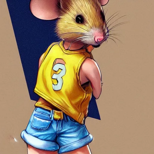 Image similar to anthropomorphic mouse wearing denim short shorts and yellow tank top, short blond fur, highly detailed, artgerm style, artstation, soft light, sharp focus, illustration, character design, concept art