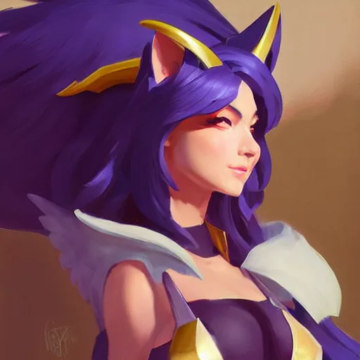 Image similar to greg manchess portrait painting of partially armored ahri as overwatch character, medium shot, asymmetrical, profile picture, organic painting, sunny day, matte painting, bold shapes, hard edges, street art, trending on artstation, by huang guangjian and gil elvgren and sachin teng