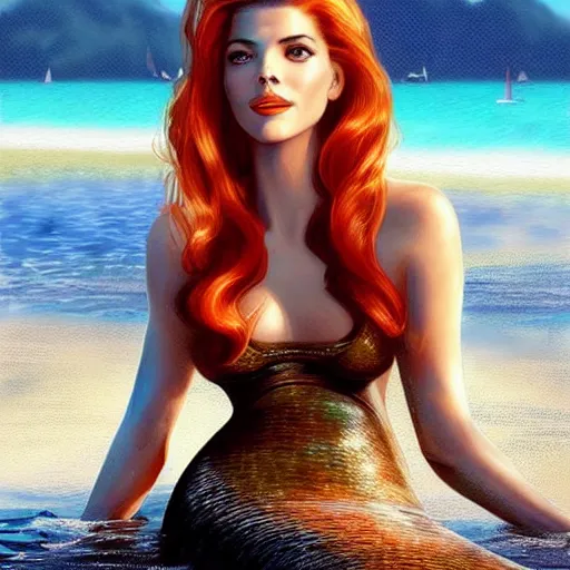 Image similar to A combination of Grace Kelly's and Katheryn Winnick's and Ashley Greene's faces with red hair as a mermaid half submerged on the beach, full body shot, western, fantasy, intricate, elegant, highly detailed, digital painting, artstation, concept art, matte, sharp focus, illustration, art by Artgerm and Greg Rutkowski and Alphonse Mucha