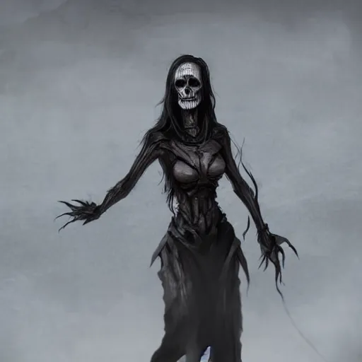 Image similar to female wraith, undead, dynamic pose, skull, terrifying, dark, fog, artstation