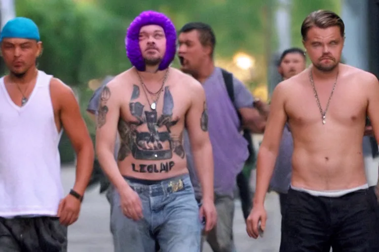 Image similar to medium full shot of leonardo dicaprio as a gang member wearing a purple head covering made from a polyester or nylon material and a stained white tank top caught beating up a rival gang member with his goons, arms covered in gang tattoo, paparazzi, leaked footage, uncomfortable, bad quality