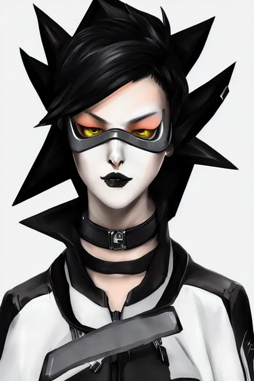 Prompt: “ digital illustration of tracer from overwatch in a dark goth style, wearing black lipstick and a black outfit, 4 k, artstation, detailed face, neutral expression ”