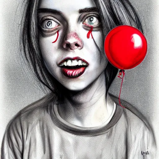 Image similar to surrealism grunge cartoon sketch of billie eilish with a wide smile and a red balloon by - michael karcz, loony toons style, horror theme, detailed, elegant, intricate