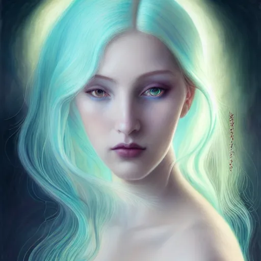 Image similar to portrait of girl with pale teal hair, luna moth, uniquely beautiful, fantasy, intricate, elegant, dramatic lighting, emotionally evoking symbolic metaphor, highly detailed, lifelike, photorealistic, digital painting, artstation, concept art, smooth, sharp focus, illustration, art by John Collier and Albert Aublet and Krenz Cushart and Artem Demura and Alphonse Mucha