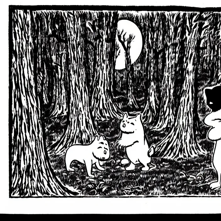 Image similar to a still frame from comic strip, one black furry hairy dog sitting in an ancient forest, centered composition 1 9 5 0, herluf bidstrup, new yorker illustration, monochrome bw, lineart, manga, tadanori yokoo, simplified,