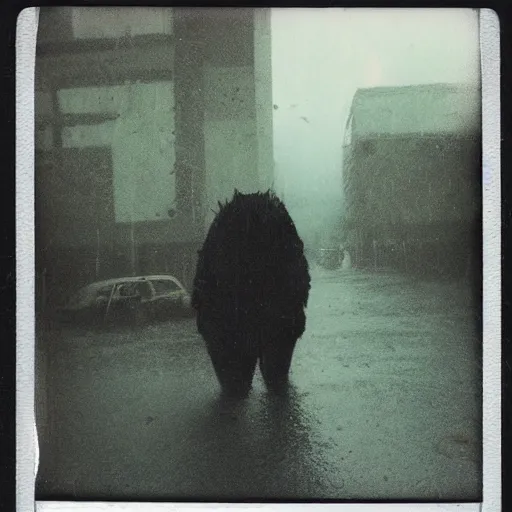 Image similar to old polaroid of a big weird creature walking on a destroyed city, rain, dark sky