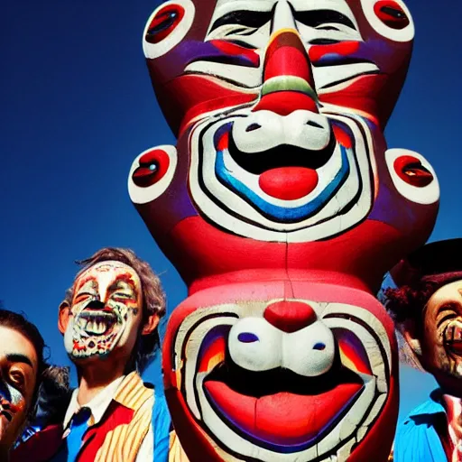 Image similar to epic totem pole of real clown faces, single subject