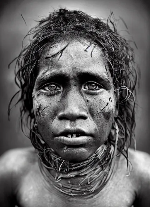 Image similar to Award winning Editorial photo of a Native Nauruans with incredible hair and beautiful hyper-detailed eyes wearing traditional garb by Lee Jeffries, 85mm ND 5, perfect lighting, gelatin silver process