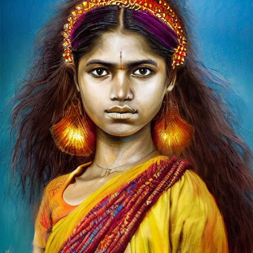 Image similar to stunning, breathtaking, awe - inspiring award - winning concept art portrait painting by steve mccurry of a beautiful young hindu woman warrior with short, wavy hair, wearing a colorful sari