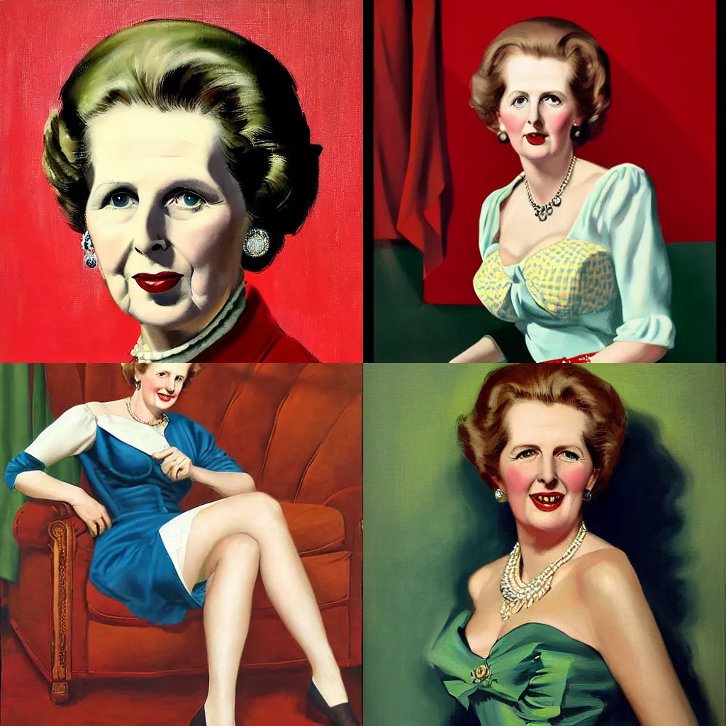 Prompt: margaret thatcher painted by gil elvgren