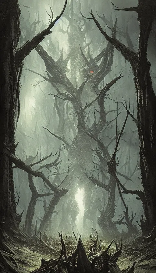Image similar to a storm vortex made of many demonic eyes and teeth over a forest, by greg rutkowski