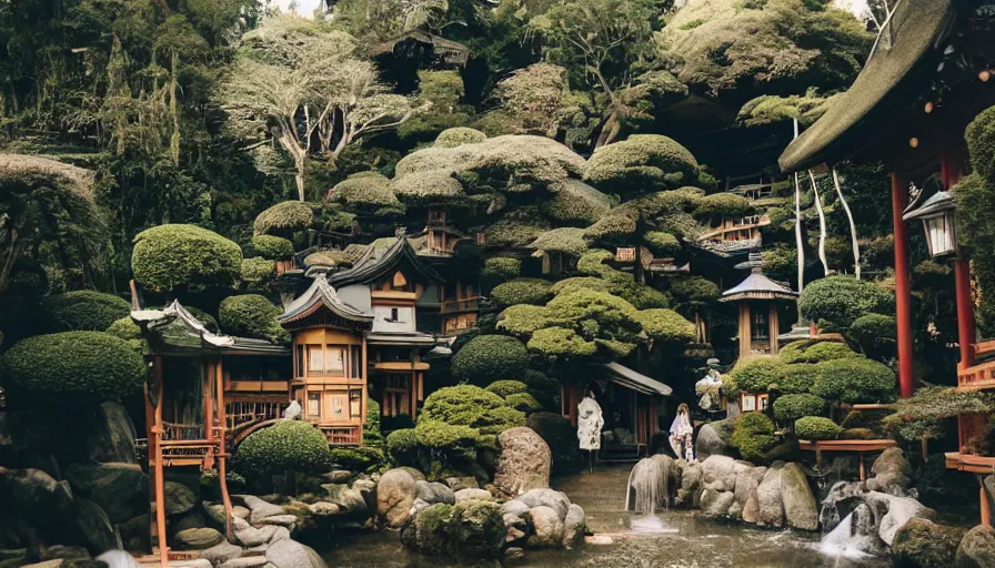 Prompt: A secret dreamy Japanese Victorian style cozy cabin cafe neighborhood city behind a waterfall with many glowing lanterns and ornate creative decorations by Gucci, lush plants and bonsai trees, fashionable people walking around, mossy rocks, bookshelves, floating koi fish, hazy, magical feeling vibes, hidden tiny houses, style by Wes Anderson and James Jean