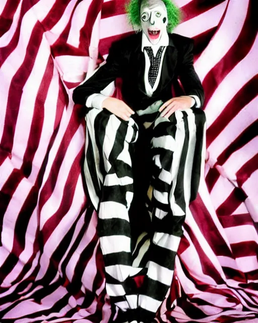 Image similar to photoshoot of michael keaton as beetlejuice, in the style of tim burton, photos by annie leibovitz