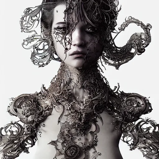 Image similar to the portrait of an absurdly beautiful, graceful, elegant, sophisticated, fashionable cyberpunk gravure idol, an ultrafine hyperdetailed illustration by kim jung gi, irakli nadar, takato yamamoto, intricate linework, bright colors, porcelain skin, unreal engine 5 highly rendered, fashion photography, fractal background, global illumination, radiant light, detailed and intricate environment