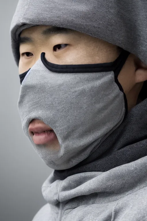 Prompt: detailed 6 0 0 mm real photography of random asian guy using grey hoodies and wolf gask mask focuses on the nuances of the human face and subtle shifts in tonal value, silhouette composition, neutral, cool - toned palette, fluid patterns, powerful composition, opaque paints, grid method.